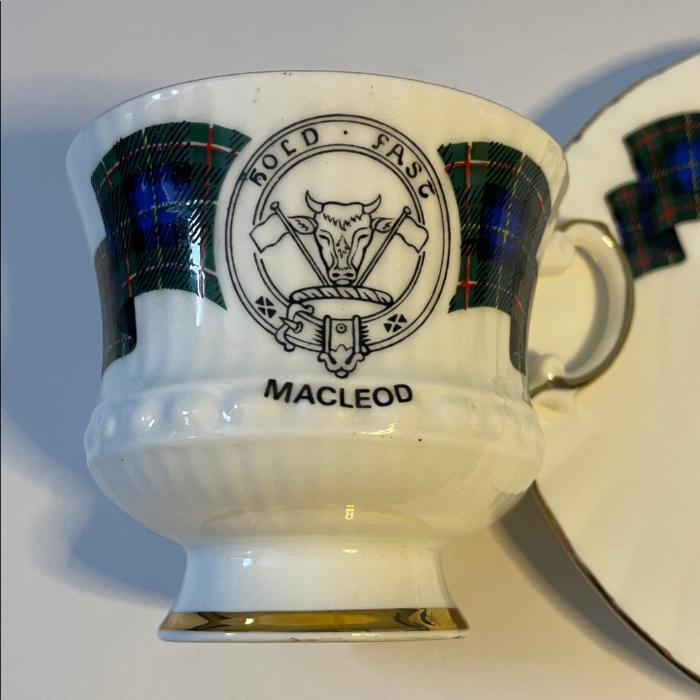 MACLEOD Bone China Teacup Saucer Tartan Design Gold Trim Scottish Collectable